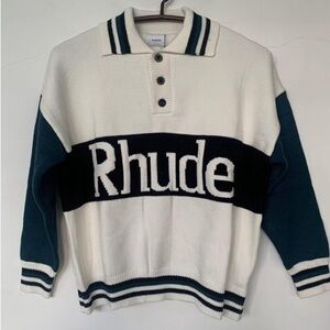 Rhude Cream, Navy & Teal Rugby Logo Sweater